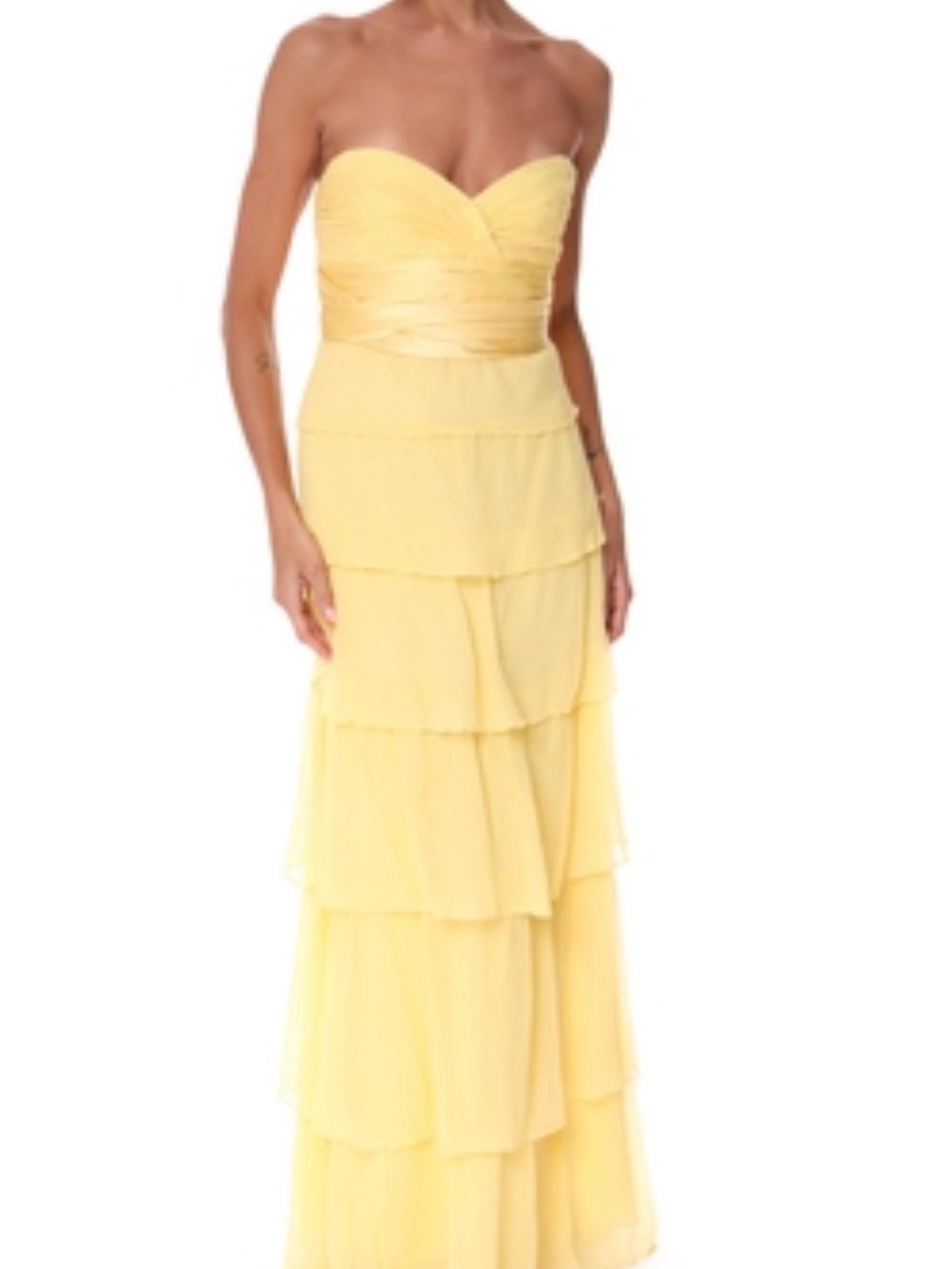 Strapless Yellow Tiered Chiffon Gown with Sash
